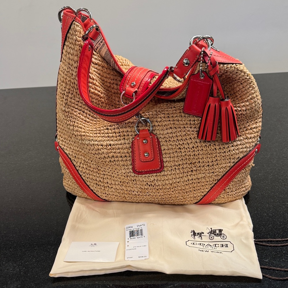 Coach Women's Hobo Bag in Straw and Tangerine/Red Patent Leather Accents